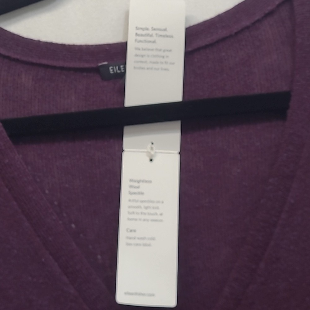 NWT Eileen Fisher LG Purple Plum Speckle Knit V Neck Cardigan Sweater Wool Silk - Picture 8 of 16